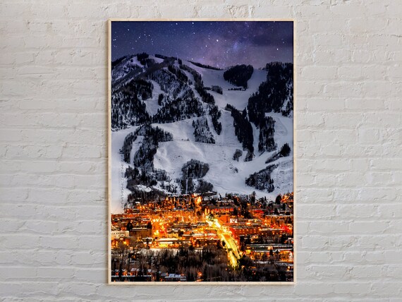 Aspen Colorado Night Ski Slopes Town Lights Real Photo Poster
