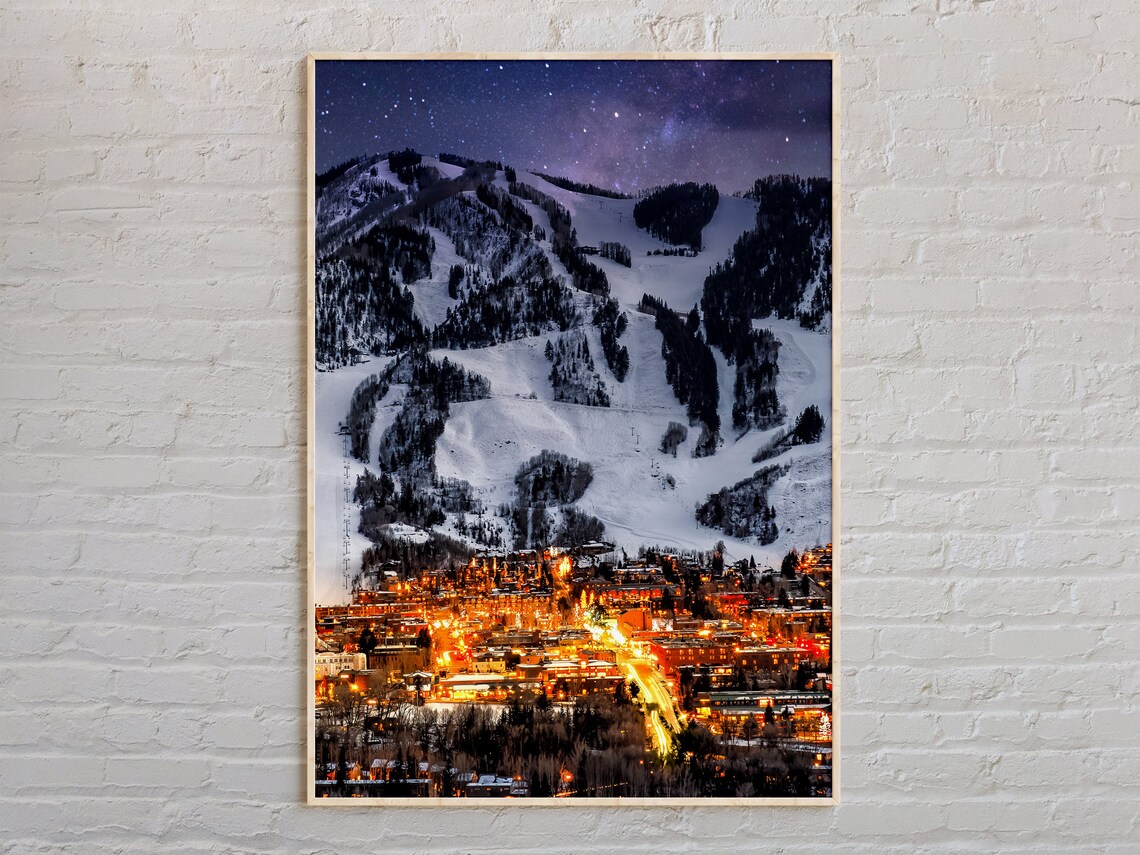Aspen Colorado Night Ski Slopes Town Lights Real Photo Poster