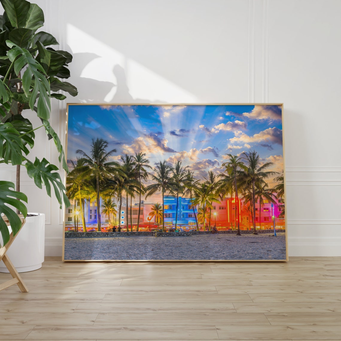 Miami Beach Ocean Drive Art Deco Neon Sunset Palm Trees Poster - Image 2