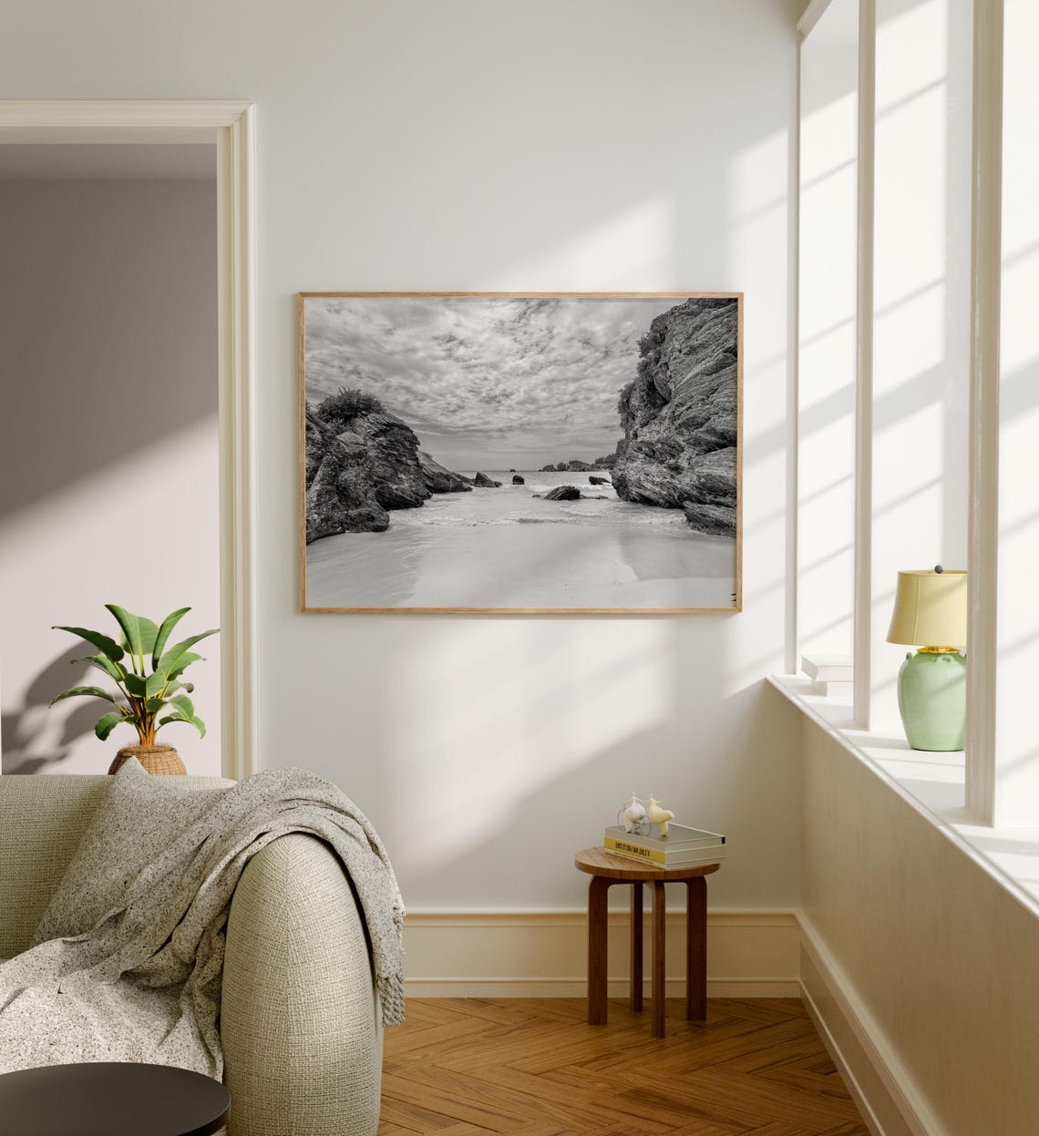 Bermuda Rocky Cove and Dramatic Cloudy Sky Black and White Poster - Image 5