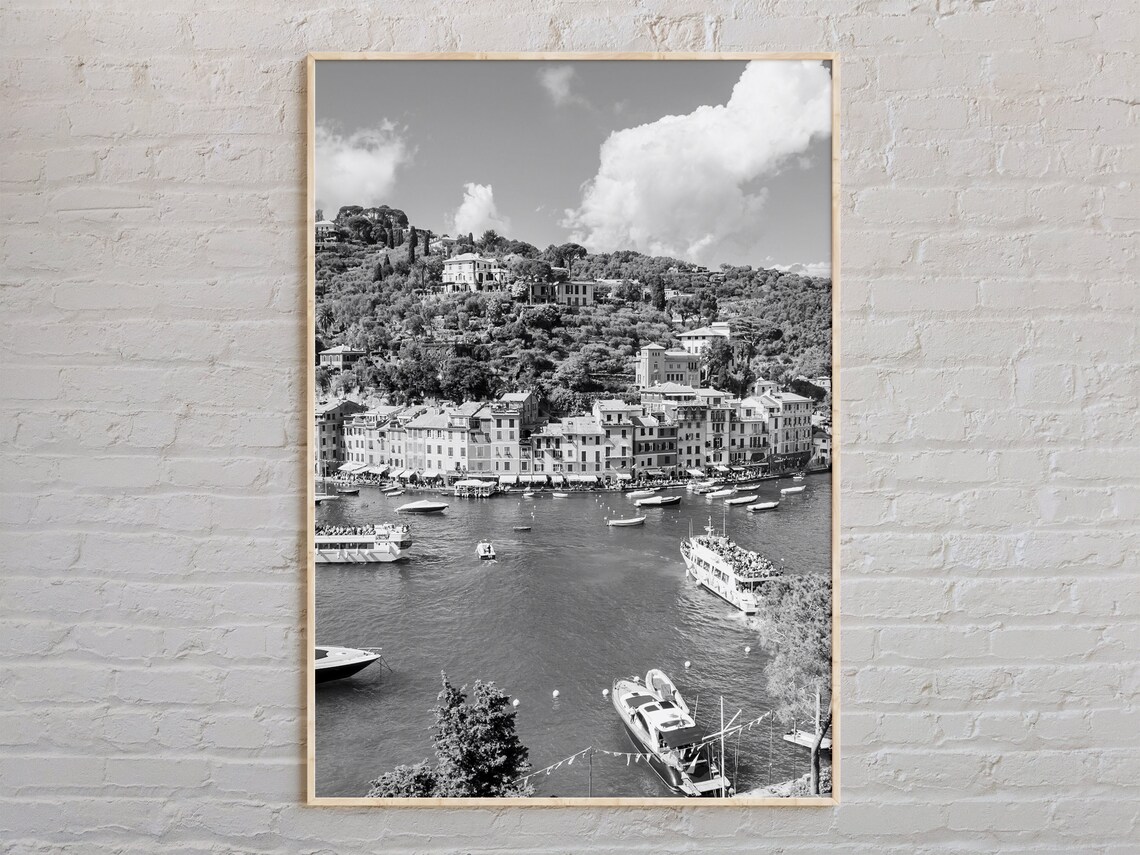 Portofino Harbor Black and White Boats on Water Coastal Travel Poster