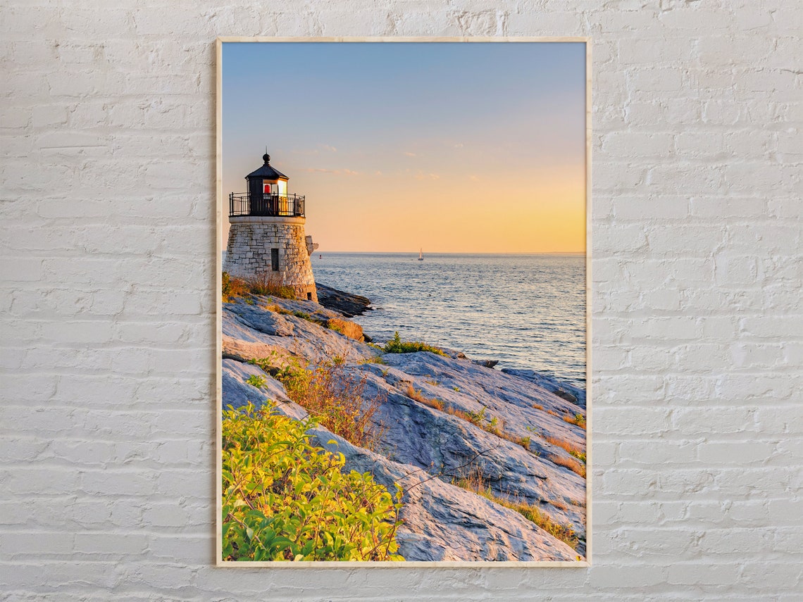 Real Photo Rhode Island Stone Lighthouse Sunset Rocky Shore Poster