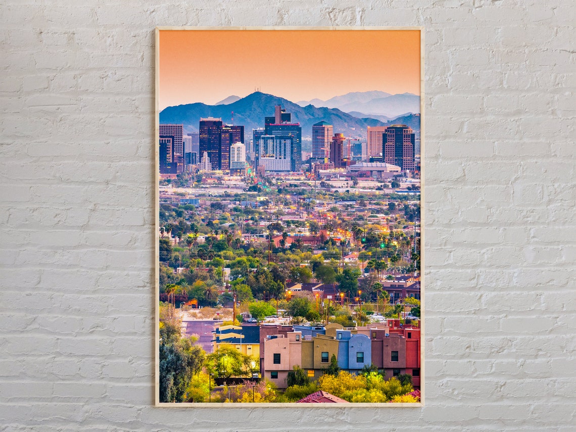 Phoenix Arizona Skyline Dusk Desert Mountain City View Poster