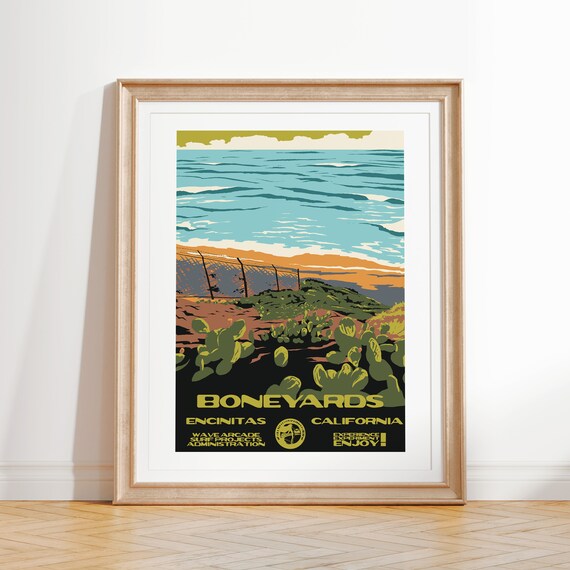 Boneyards Art Print Vintage National Parks Style Surf Poster Encinitas Ca Coastal Surf Decor
