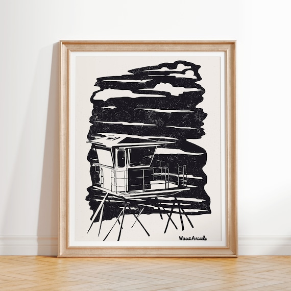 Lifeguard Tower 3 Surf Art Print Black White Illustration Coastal Room Decor Modern Beach House Wall Art Boho Style