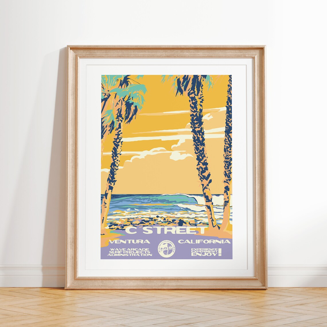 C Street Ventura Palm Sunset Surf Ocean Travel Poster California