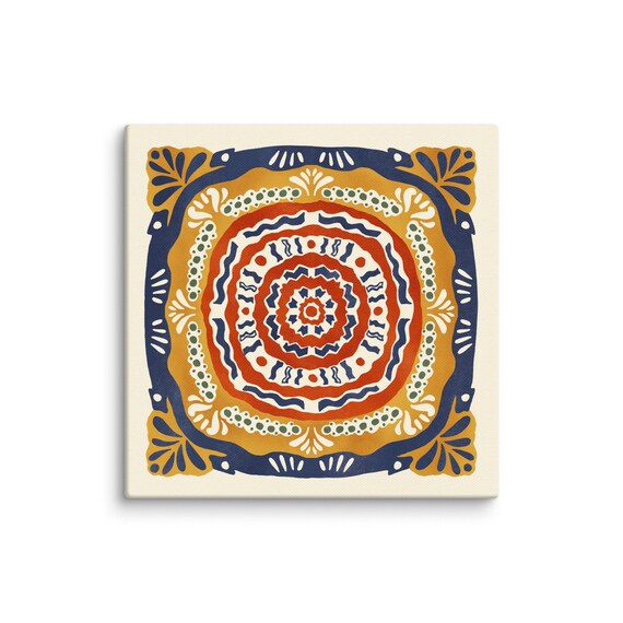 Rust Red Navy Medallion Tile Pattern Talavera Folk Art Poster