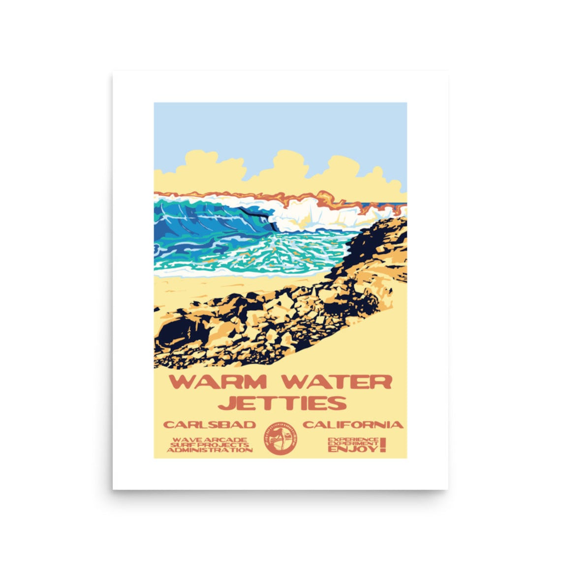 Warm Water Jetties Carlsbad California Rocky Shore Surf Poster Vintage