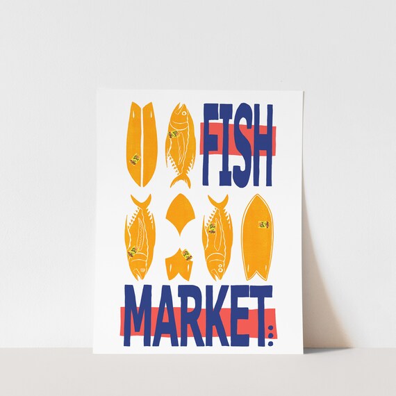 Copy Fish Fish Markets Colorful Fish Surfboard Artwork Coastal Room Decor Modern Beach House Wall Art