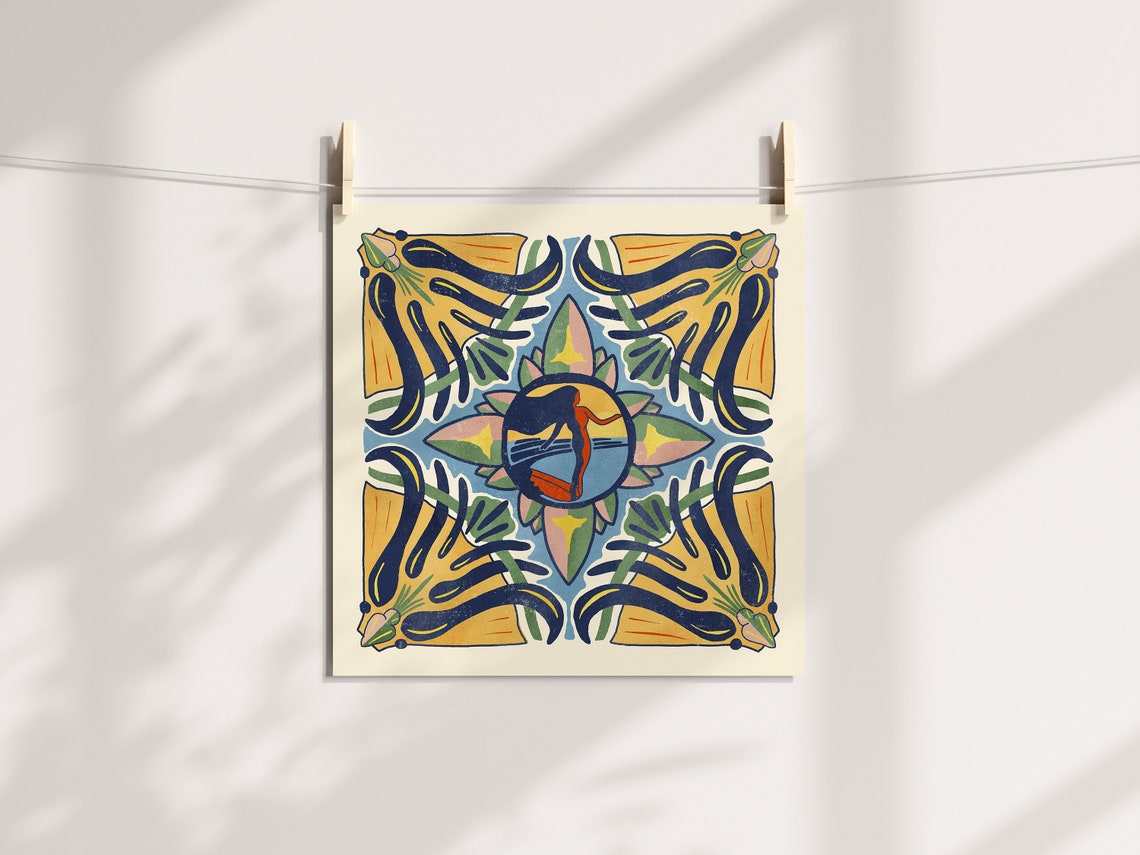 Talavera Tile Surfer Medallion California Coastal Surf Art Poster - Image 2