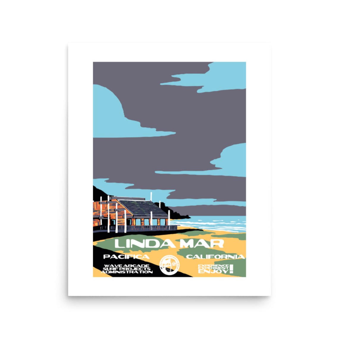 Linda Mar Pacifica California Beach Hut Moody Sky Surf Poster Vintage - Image 2