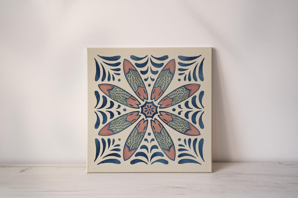 Surfboard Floral Medallion Talavera Tile Peach Navy Art Poster - Image 2