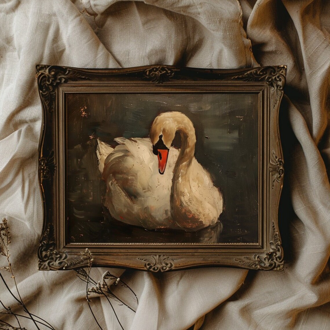 White Swan Preening Its Feathers Dark Moody Oil Painting Poster