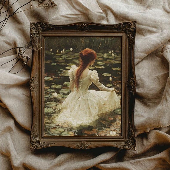 Dark Academia Wall Art For Reader Gift For Reader Vintage Maiden In Lilypad Pond Print Victorian Lady Painting Print Dark Cottagecore Decor