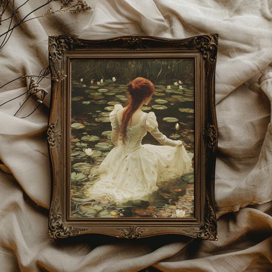 Dreamy Red Haired Woman in White Dress Among Water Lilies Poster