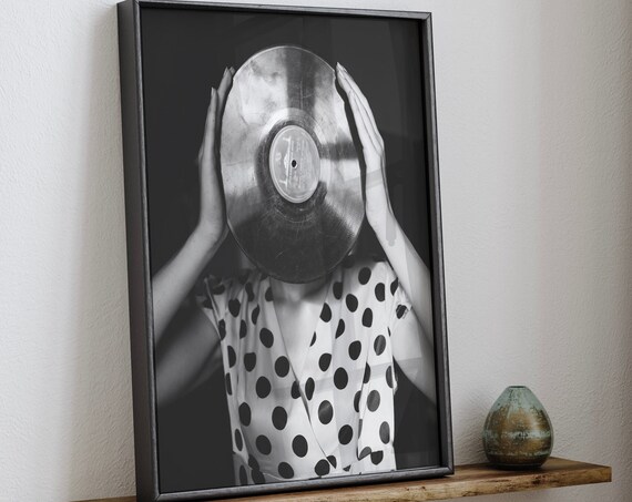 Woman In Polka Dot Dress Holding Vinyl Record Retro Music Poster