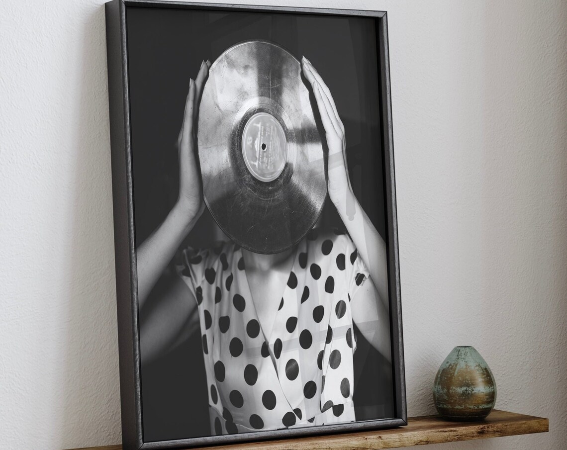 Woman In Polka Dot Dress Holding Vinyl Record Retro Music Poster