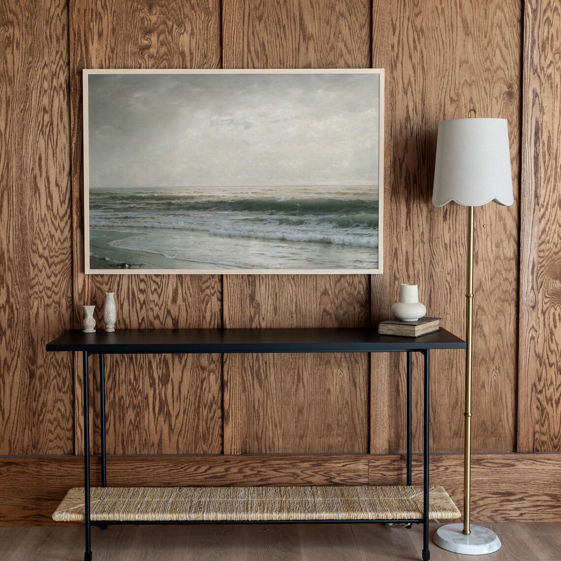 Vintage Ocean Waves Painting Muted Seascape Cloudy Sky Coastal Wall Art Print - Image 3