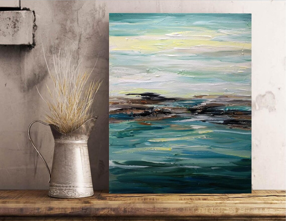 Teal Abstract Water Painting Modern Impasto Textured Ocean Art Poster - Image 2