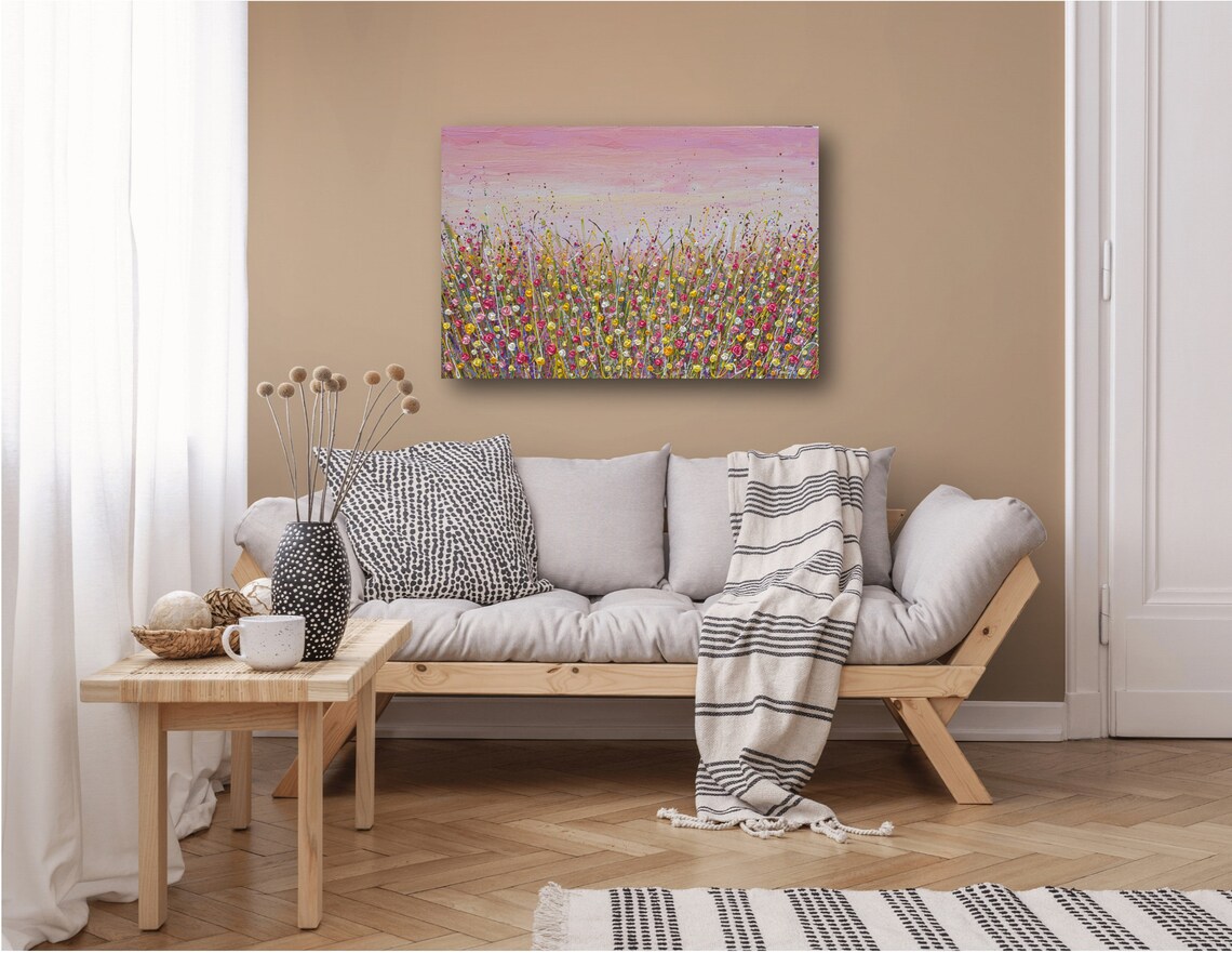 Pink Sky Wildflower Field Painting Vibrant Summer Blooms Wall Poster - Image 2