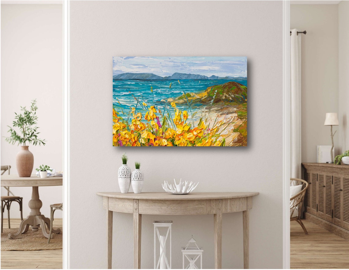 Yellow Wildflowers Turquoise Ocean Coast Mountain Beach Art Print - Image 3