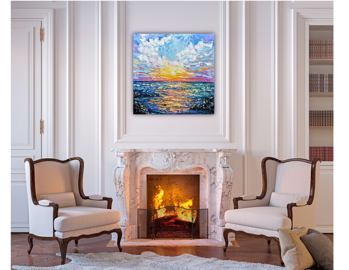 Beach Sunset Ocean Waves Rocks Colorful Clouds Seascape Impasto Art Poster - Image 3