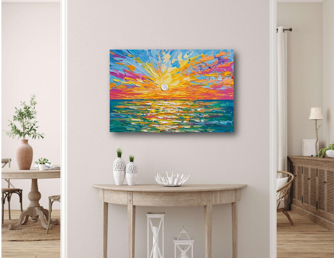 Vivid Sunset Painting Ocean Seascape Orange Pink Teal Coastal Poster - Image 3