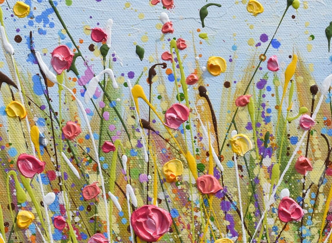 Pink Yellow Wildflower Grass Blue Sky Spring Impasto Art Print - Image 3