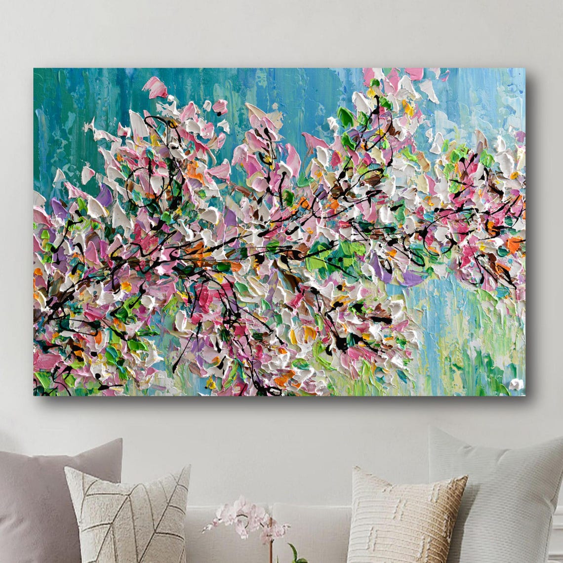 Pink Cherry Blossom Turquoise Branch Spring Panoramic Art Poster