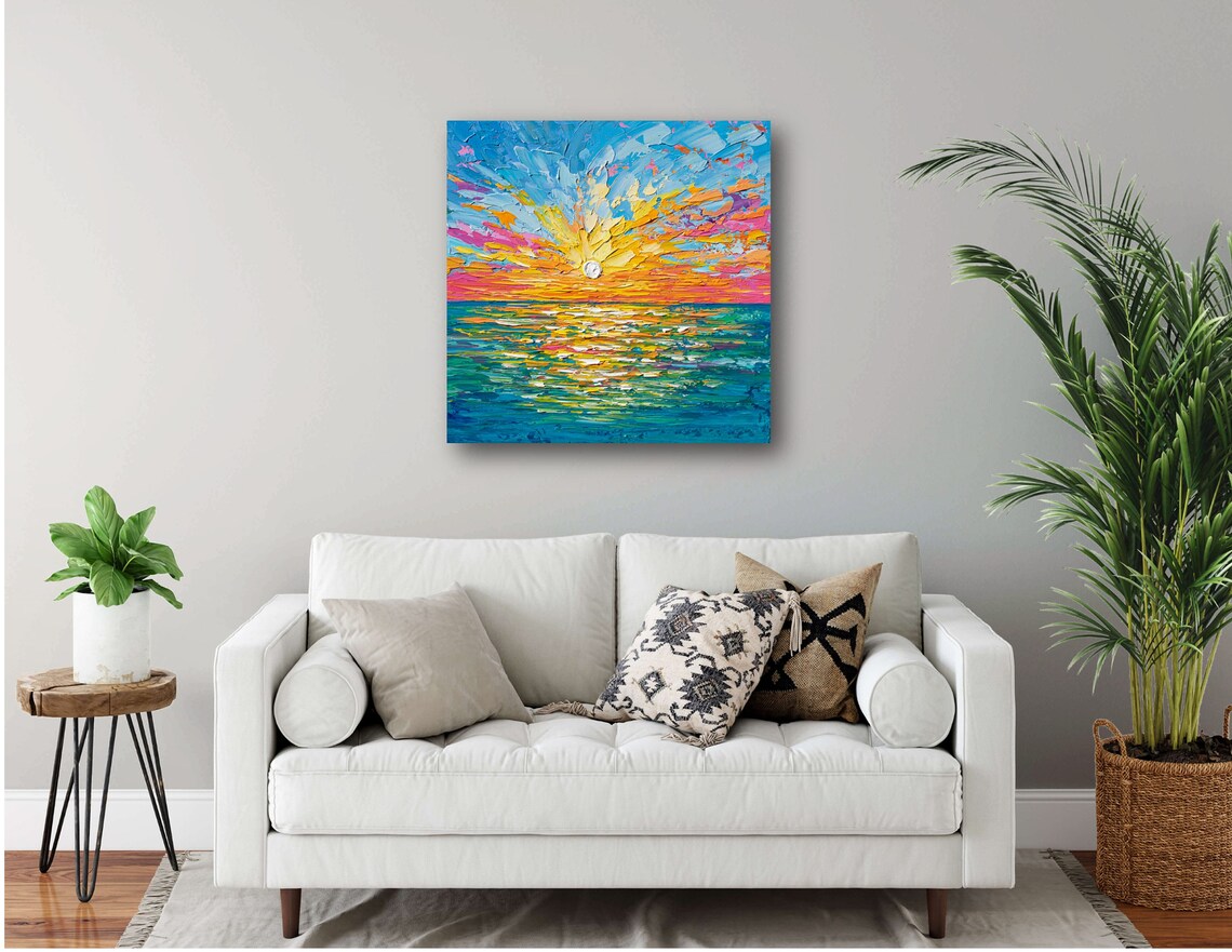 Ocean Sunset, Bright Teal Coastal Seascape Art Print - Image 2