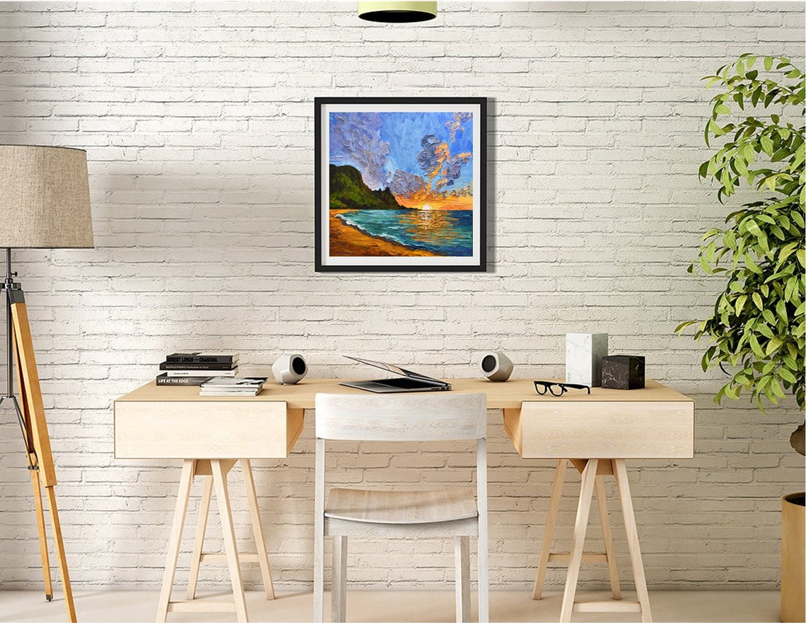 Tropical Beach Sunset Painting Turquoise Sea Orange Sky Impasto Poster - Image 2