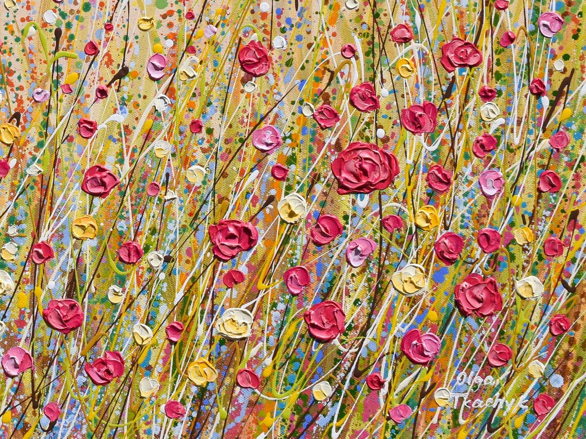 Red Rose Wildflower Field Painting Impasto Textured Tall Grass Poster