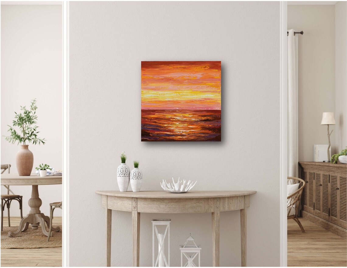 Warm Orange Sunset Over Ocean Red Sky Impasto Seascape Art Print - Image 3