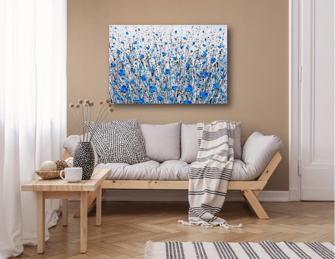 Blue Wildflower Field Gray Background Silver Meadow Impasto Art Print - Image 2