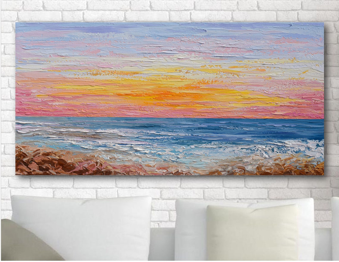 Pink Sunset Ocean Seascape Panoramic Orange Sky Palette Knife Poster
