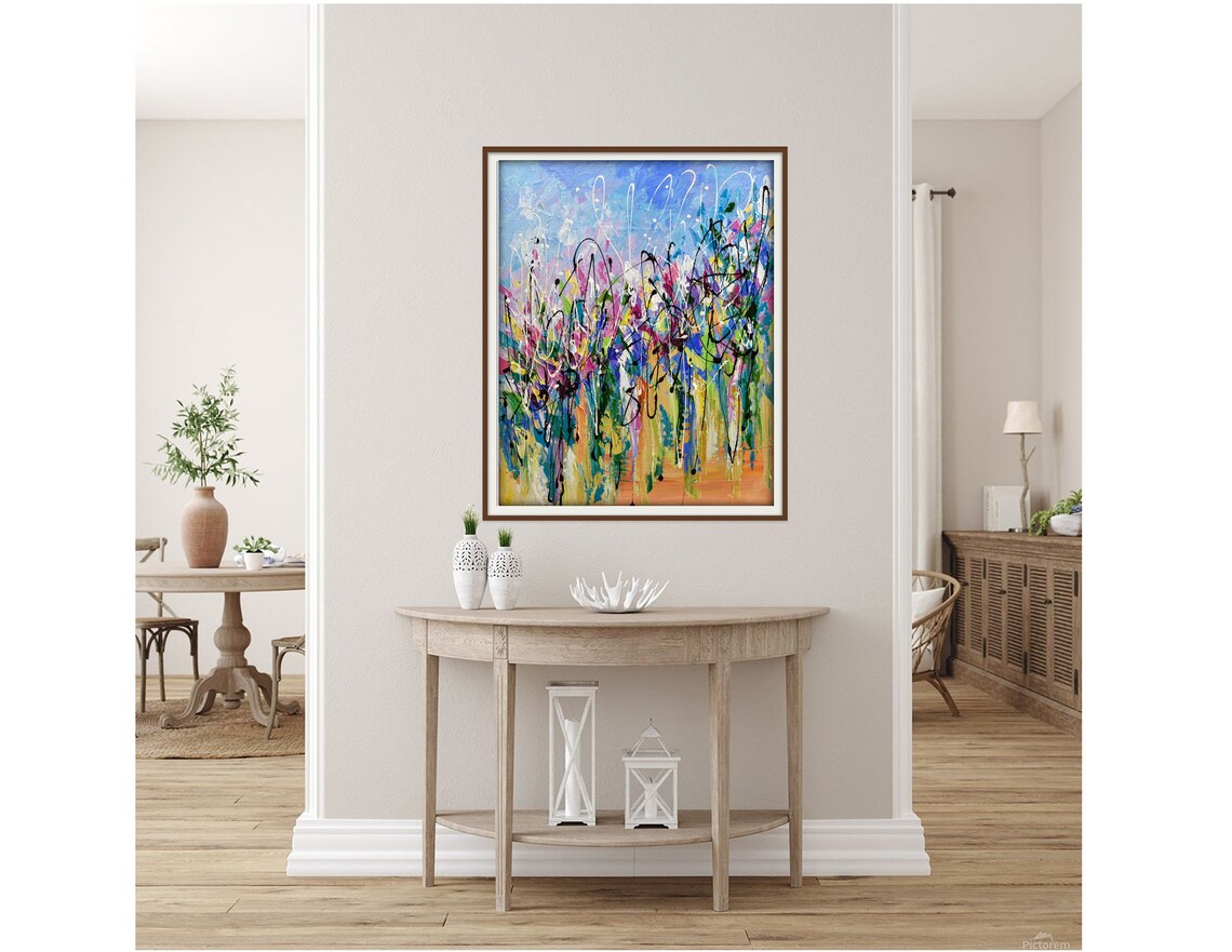 Colorful Abstract Poppy Meadow Blue Pink Orange White Art Poster - Image 3