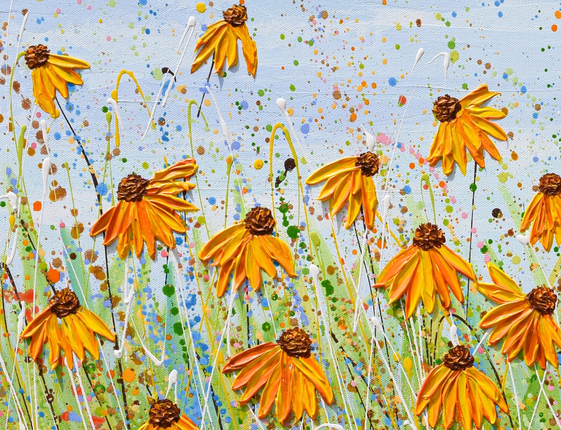 Yellow Coneflower Field Summer Blue Sky Splatter Textured Art Poster - Image 3
