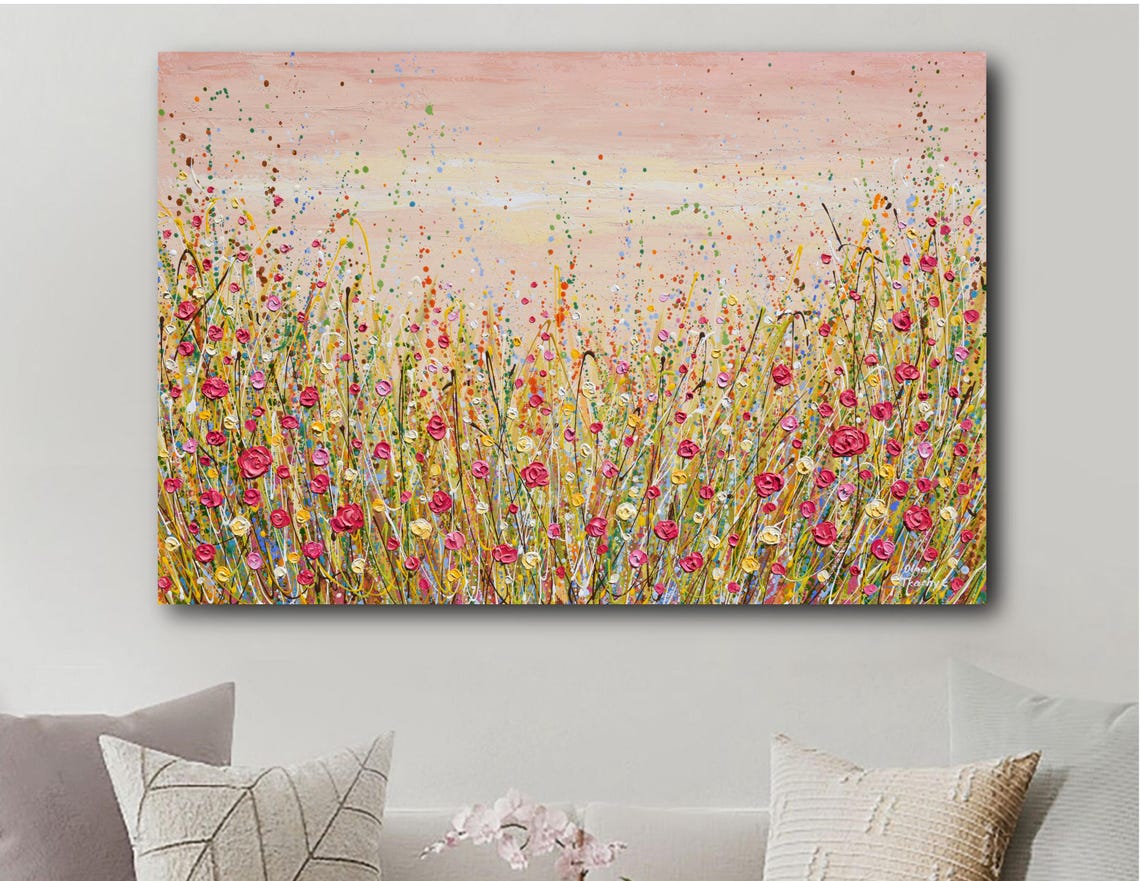 Red Rose Wildflower Field Painting Impasto Textured Tall Grass Poster - Image 3