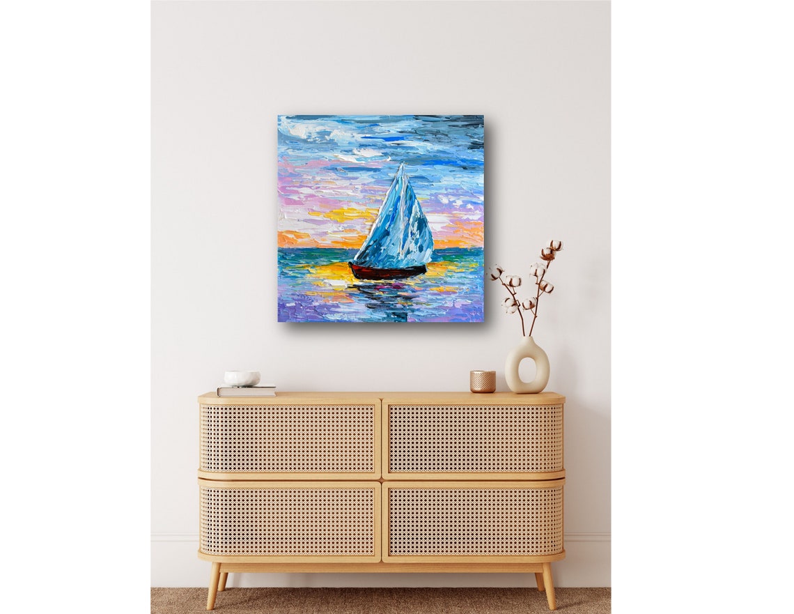 Sailboat Sunset Painting Ocean Voyage Colorful Seascape Art Poster - Image 2