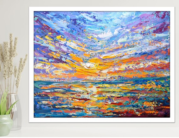 Colorful Ocean Sunset Impasto Painting Purple Orange Sky Seascape Poster