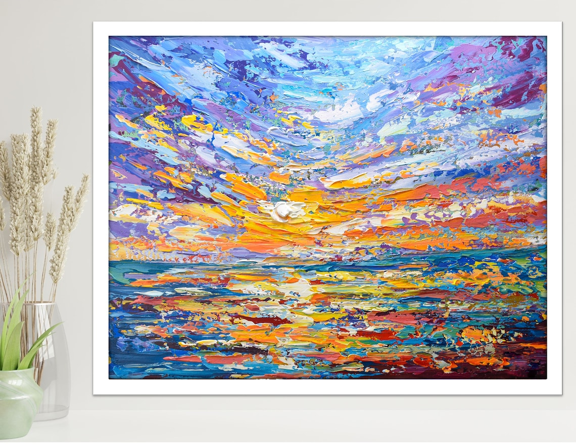 Colorful Ocean Sunset Impasto Painting Purple Orange Sky Seascape Poster