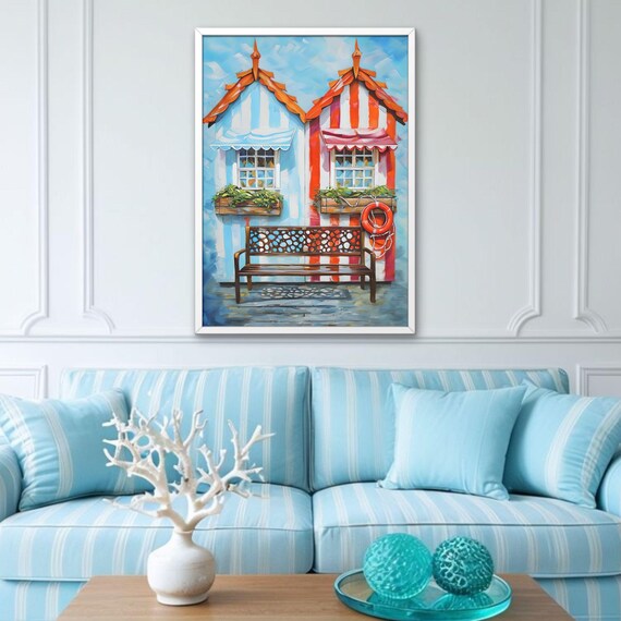 Striped Beach Huts Bench Seaside Painting Coastal Nautical Poster