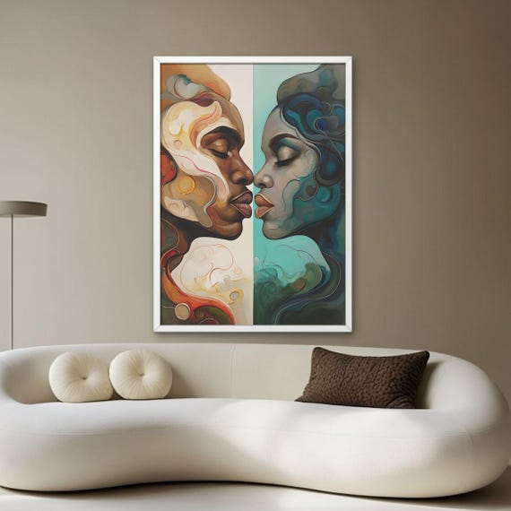 Kiss Abstract Portraits Art Romantic Couple Print Modern Love Wall Decor Illustration