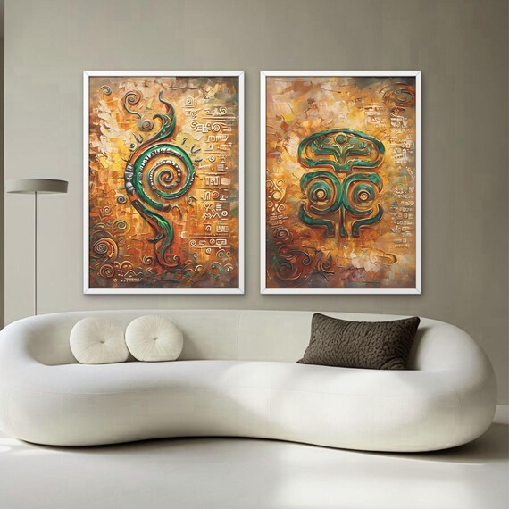 Mystical Tribal Symbol Hieroglyph Abstract Art Duo Set Poster