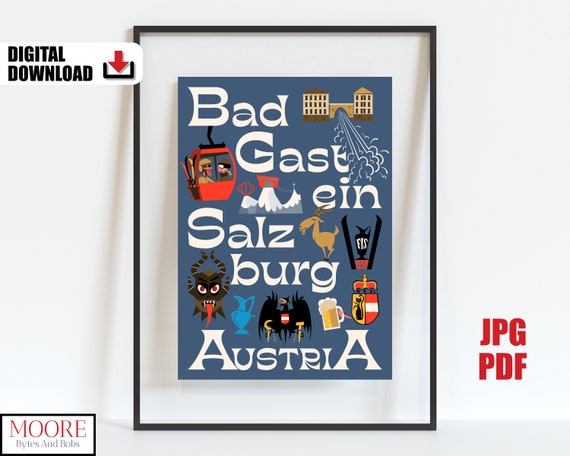 Retro Bad Gastein Travel Poster Austrian Ski Resort Print Mid Century Modern Wall Art Colorful Ski Lodge Decor Gift For Skier