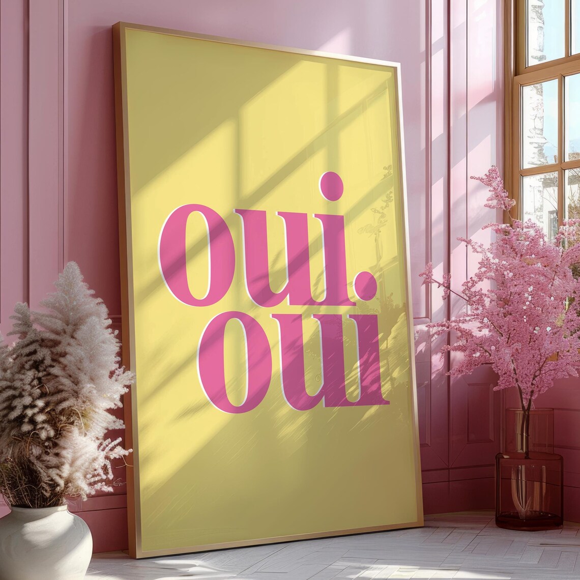 Oui Oui Pink Retro French Typography on Sunny Yellow Decor Wall Poster