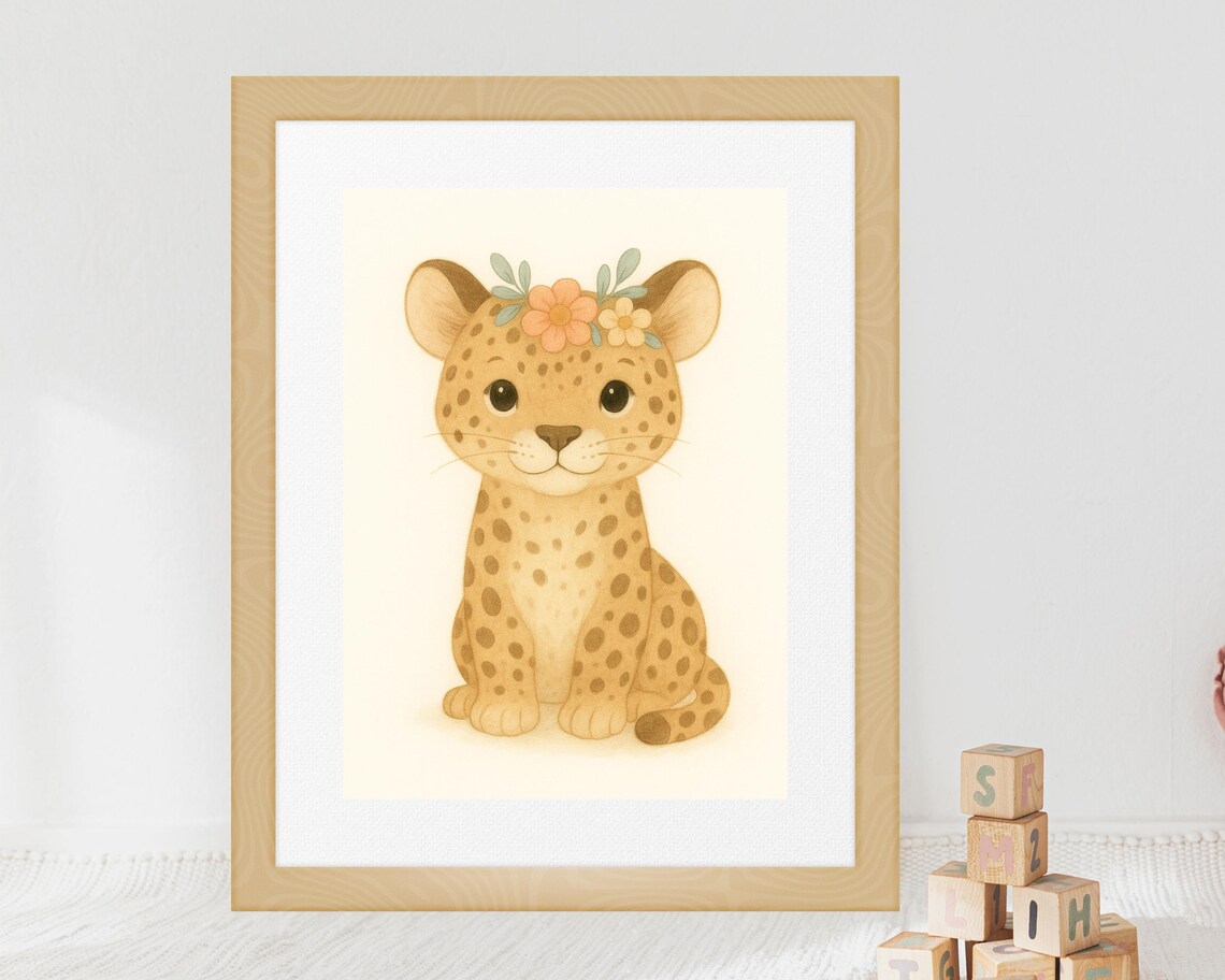 Safari Nursery Leopard With Floral Crown Poster