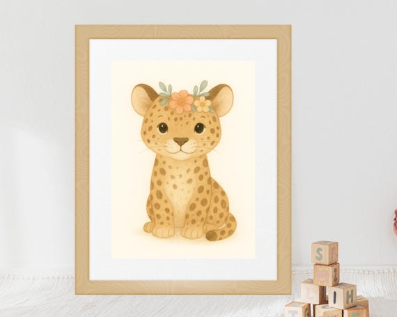 Safari Nursery Leopard With Floral Crown Poster