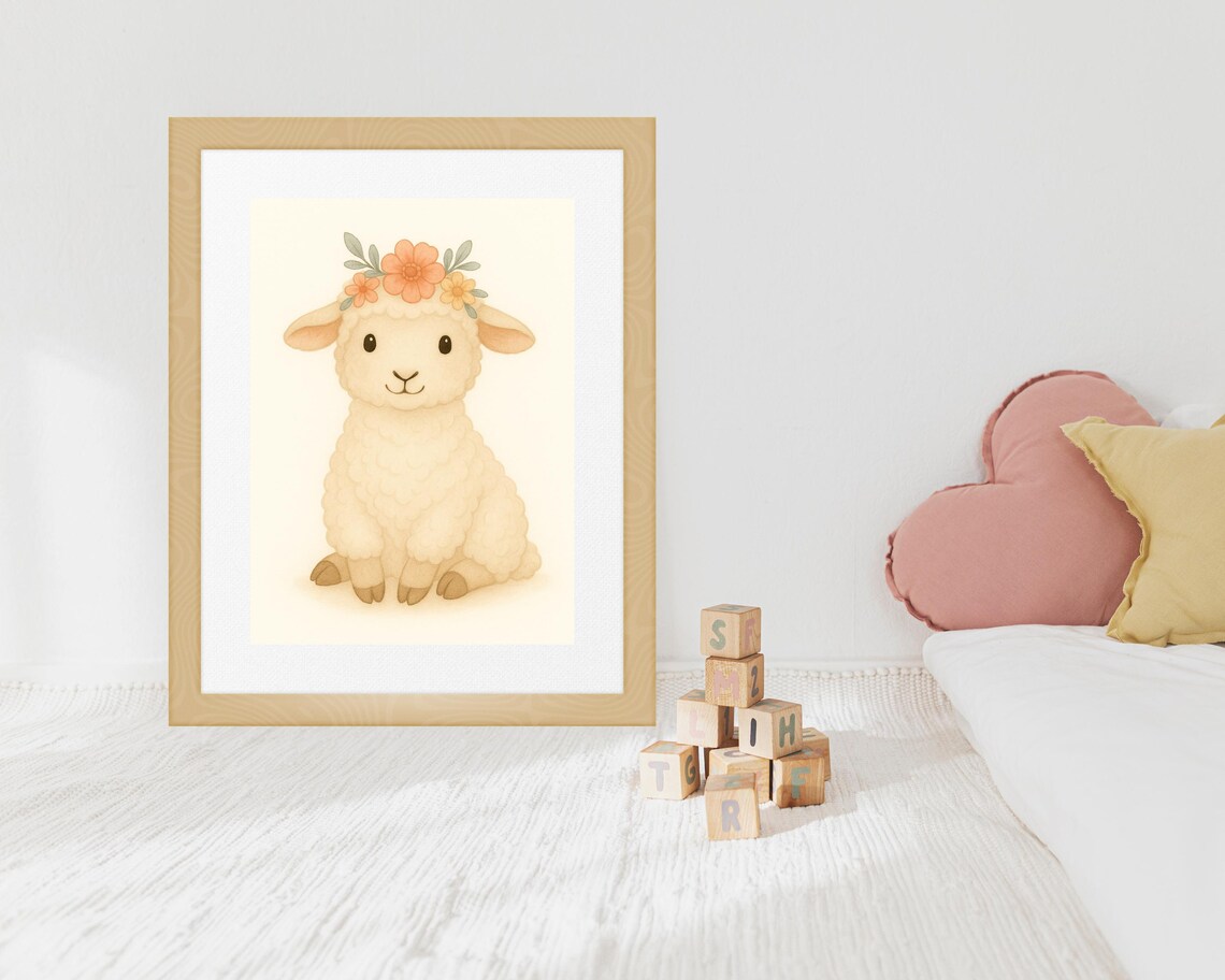 Farmhouse Sheep Nursery Art Print, Boho Lamb Decor