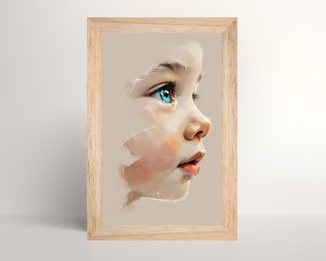 Blue Eyes Portrait, Modern Minimalist Face Illustration